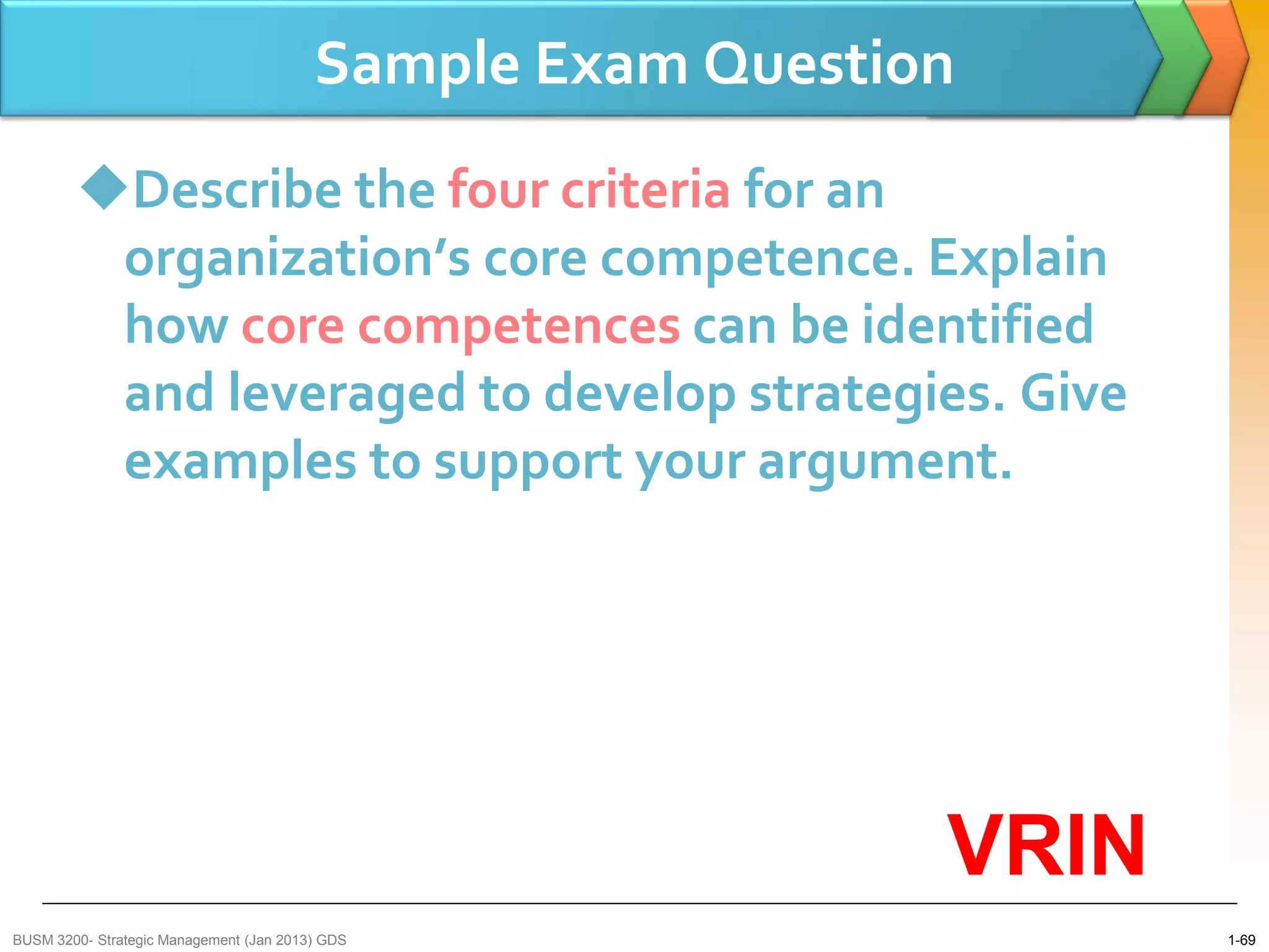 Sample Exam Question
        Describe the four criteria for an
         organization’s core competence. Explain
         how core competences can be identified
         and leveraged to develop strategies. Give
         examples to support your argument.




                                                            VRIN
BUSM 3200- Strategic Management (Jan 2013) GDS                     1-69
 