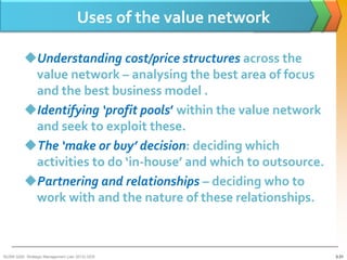 Uses of the value network

          Understanding cost/price structures across the
           value network – analysing the best area of focus
           and the best business model .
          Identifying ‘profit pools’ within the value network
           and seek to exploit these.
          The ‘make or buy’ decision: deciding which
           activities to do ‘in-house’ and which to outsource.
          Partnering and relationships – deciding who to
           work with and the nature of these relationships.



BUSM 3200- Strategic Management (Jan 2013) GDS                   3-31
 