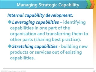 Managing Strategic Capability

           Internal capability development:
           Leveraging capabilities – identifying
             capabilities in one part of the
             organisation and transferring them to
             other parts (sharing best practice).
           Stretching capabilities - building new
             products or services out of existing
             capabilities.

BUSM 3200- Strategic Management (Jan 2013) GDS              3-53
 