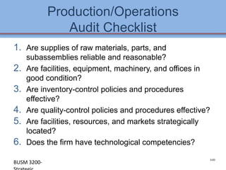 Production/Operations
                Audit Checklist
1. Are supplies of raw materials, parts, and
     subassemblies reliable and reasonable?
2.   Are facilities, equipment, machinery, and offices in
     good condition?
3.   Are inventory-control policies and procedures
     effective?
4.   Are quality-control policies and procedures effective?
5.   Are facilities, resources, and markets strategically
     located?
6.   Does the firm have technological competencies?

                                                           3-63
BUSM 3200-                                               4-63
 