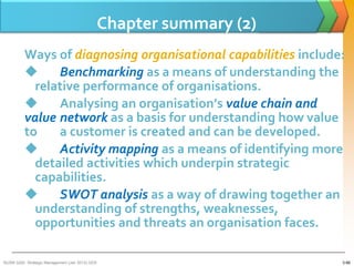 Chapter summary (2)
          Ways of diagnosing organisational capabilities include:
               Benchmarking as a means of understanding the
            relative performance of organisations.
               Analysing an organisation’s value chain and
          value network as a basis for understanding how value
          to    a customer is created and can be developed.
               Activity mapping as a means of identifying more
            detailed activities which underpin strategic
            capabilities.
               SWOT analysis as a way of drawing together an
            understanding of strengths, weaknesses,
            opportunities and threats an organisation faces.

BUSM 3200- Strategic Management (Jan 2013) GDS                         3-66
 