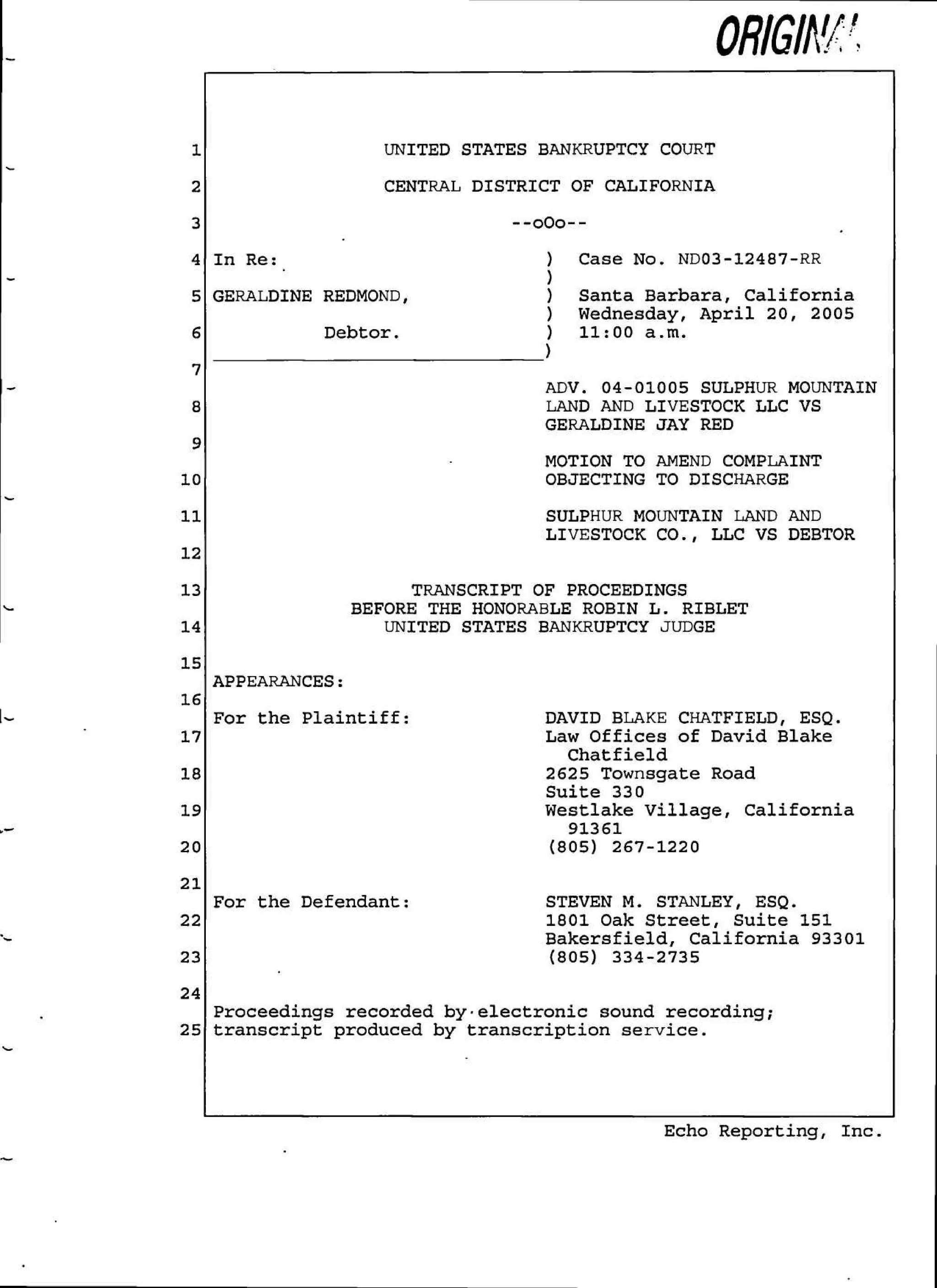 SMLLC v Geraldine Redmond US BK CT Transcript Case No. NDO312487 4