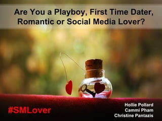 Are You a Playboy, First Time Dater,
  Romantic or Social Media Lover?




                               Hollie Pollard
#SMLover                       Cammi Pham
                          Christine Pantazis
 