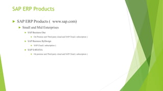 SAP ERP Products
 SAP ERP Products ( www.sap.com)
 Small and Mid Enterprises
 SAP Business One
 On Premise and Third party cloud and SAP Cloud ( subscription )
 SAP Business ByDesign
 SAP Cloud ( subscription )
 SAP S/4HANA
 On premise and Third party cloud and SAP Cloud ( subscription )
 