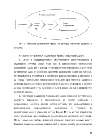 Социальные медиа



                     Принятие                        Опыт
   Осведомленност                    Покупка
   ь                 решения                         потребления




    Рис. 5. Влияние социальных медиа на процесс принятия решения о
покупке.


    Компании в социальных медиа могут решать следующие задачи:
    1. Связи с общественностью. Выстраивание взаимоотношений с
аудиторией, которой могут быть как и обыкновенные пользователи
социальных медиа, так и заинтересованные группы журналистов и блоггеров
представляет одну из основных ценностей социальных медиа как таковых.
Распространение информации о компании в социальных медиа с лежащими в
ее основе «вирусными» механизмами позволяет при грамотно сделанном
контенте достичь глубокого проникновения в целевую аудиторию и донести
до них информацию о том или ином событии, акции или же о деятельности
компании в целом.
    2. Клиентская поддержка. Социальные медиа позволяют потребителям
напрямую        обращаться      к   производителю    со     своими   вопросами   и
пожеланиями. Особенно данный момент актуален при взаимодействии с
региональными        подразделениями           компаниями      в     условиях    их
оппортунистического поведения внутри фирмы. В этом случае потребитель
может обратиться непосредственно в головной офис компании с претензией.
Но не только для разбора претензий компании реализуют данную задачу.
Быстрые ответы на вопросы потребителей в режиме онлайн представляются


                                                                                 21
 