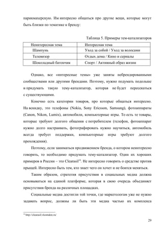 парикмахерскую. Им интересно общаться про другие вещи, которые могут
быть близки по тематике к бренду:


                                                   Таблица 5. Примеры тем-катализаторов
          Неинтересная тема                        Интересная тема
           Шампунь                                 Уход за собой / Уход за волосами
           Телевизор                               Отдых дома / Кино и сериалы
           Шоколадный батончик                     Спорт / Активный образ жизни


          Однако, все «интересные темы» уже заняты небрендированными
сообществами или другими брендами. Поэтому, нужно подумать подольше
и придумать               такую       тему-катализатор,   которая   не будет   пересекаться
с существующими.
          Конечно есть категории товаров, про которые общаться интересно.
На вскидку, это телефоны (Nokia, Sony Ericsson, Samsung), фотоаппараты
(Canon, Nikon, Lumix), автомобили, компьютерные игры. То есть те товары,
которые требуют долгого общения с потребителем (телефон, фотоаппарат
нужно долго настраивать, фотографировать нужно научиться, автомобиль
всегда           требует         поддержки,    компьютерные     игры    требуют    долгого
прохождения).
          Поэтому, если заниматься продвижением бренда, о котором неинтересно
говорить, то необходимо придумать тему-катализатор. Один их хороших
примеров в России – это Clearasil10. Не интересно говорить о средстве против
прыщей. Интересно быть тем, кто знает чего он хочет и не боится меняться.
          Таким образом, стратегия присутствия в социальных медиа должна
основываться на единой платформе, которая в свою очередь объединяет
присутствия бренда на различных площадках.
          Социальные медиа достигли той точки, где маркетологам уже не нужно
задавать вопрос, должны ли быть эти медиа частью их комплекса


10
     http://clearasil.vkontakte.ru/

                                                                                         29
 