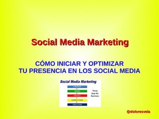 Social Media Marketing

    CÓMO INICIAR Y OPTIMIZAR
TU PRESENCIA EN LOS SOCIAL MEDIA




                            @doloresvela
 