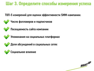 Шаг 3. Определите способы измерения успеха

ТОП-5 измерений для оценки эффективности SMM-кампании:

   Число фолловеров и подписчиков

   Посещаемость сайта компании сайта компании

   Упоминания на социальных платформах

   Доля обсуждений в социальных сетях

   Социальное влияние
 