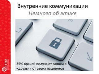 Внутренние коммуникации
Немного об этике

35% врачей получают заявки в
«друзья» от своих пациентов

 