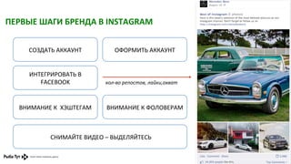 ПЕРВЫЕ	
  ШАГИ	
  БРЕНДА	
  В	
  INSTAGRAM	
  
СОЗДАТЬ	
  АККАУНТ	
  
ИНТЕГРИРОВАТЬ	
  В	
  
FACEBOOK	
  

ВНИМАНИЕ	
  К	
  	
  ХЭШТЕГАМ	
  

ОФОРМИТЬ	
  АККАУНТ	
  

	
  кол-­‐во	
  репостов,	
  лайки,охват	
  

ВНИМАНИЕ	
  К	
  ФОЛОВЕРАМ	
  

	
  СНИМАЙТЕ	
  ВИДЕО	
  –	
  ВЫДЕЛЯЙТЕСЬ	
  

 