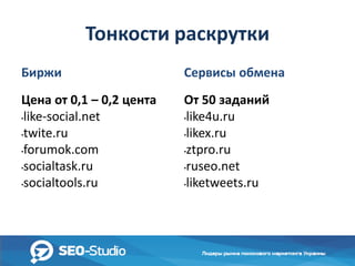Тонкости раскрутки
Биржи

Сервисы обмена

Цена от 0,1 – 0,2 цента
•like-social.net
•twite.ru
•forumok.com
•socialtask.ru
•socialtools.ru

От 50 заданий
•like4u.ru
•likex.ru
•ztpro.ru
•ruseo.net
•liketweets.ru

 