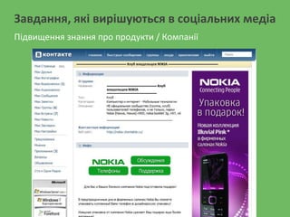 Завдання, які вирішуються в соціальних медіа
Підвищення знання про продукти / Компанії
 