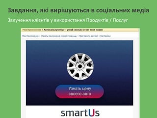 Завдання, які вирішуються в соціальних медіа
Залучення клієнтів у використання Продуктів / Послуг
 