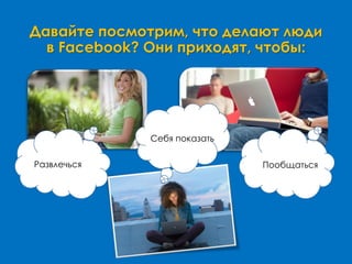 Давайте посмотрим, что делают люди
в Facebook? Они приходят, чтобы:
Развлечься Пообщаться
Себя показать
 