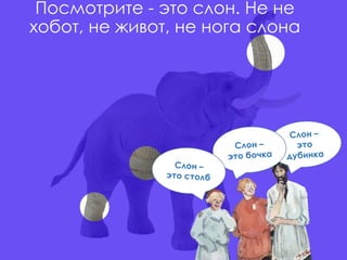 Посмотрите - это слон. Не не
хобот, не живот, не нога слона
 