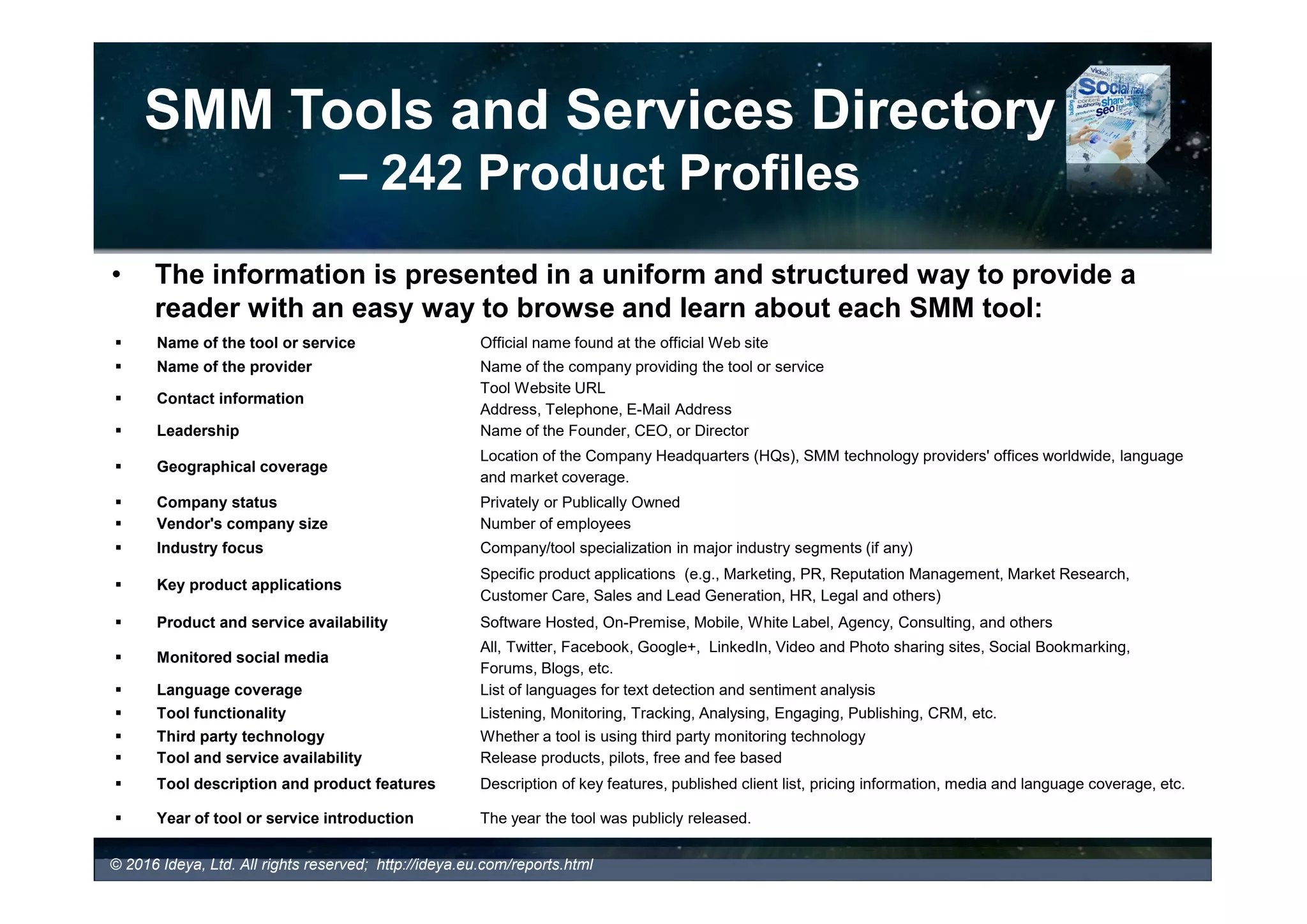 Process Management and User
Interface Features
– CRM (examples)
BoomSonar Social CRM
- Integrated Social CRM Allows Brands to Engage with Customers,
Assign Duties to Team Members, Track Customer Relations and
Archive Results
Brand Embassy Built-in CRM Sample
 