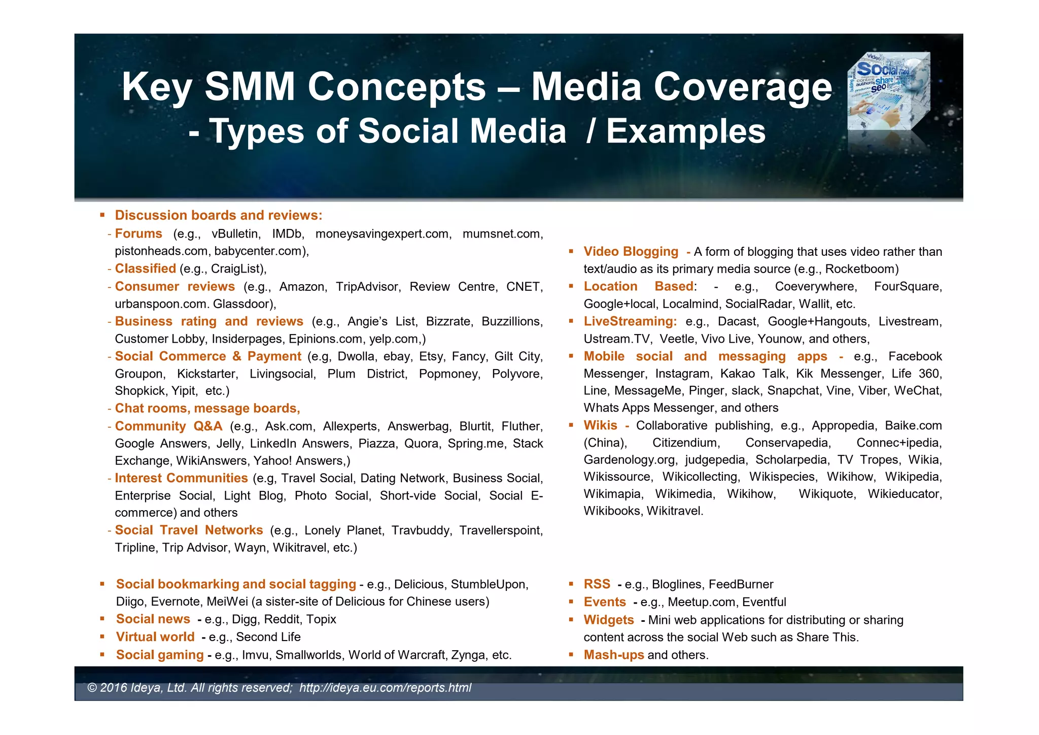 Key SMM Concepts – Media Coverage
- Common Types of Social Media / Examples
• Many SMM tools also allow extraction, monitoring and
analysis of:
• The content clients may
license directly or
• Specific sources that the
client wants to process.
• Online news, print, TV, radio, internal
and external databases (e.g., client
data, information aggregators and
databases such as LexisNexis,
Factiva, professional specialized
database, etc.)
• Extraction of the various types of sources formats: e.g., comments, initial
posts, articles, pdf, ppt, word, online videos/photos, email, audiovisual clips and
scripts, CRM, database, and others.
© 2017 Ideya, Ltd. All rights reserved; http://ideya.eu.com/reports.html
• What is your media coverage requirement for social media monitoring?
 