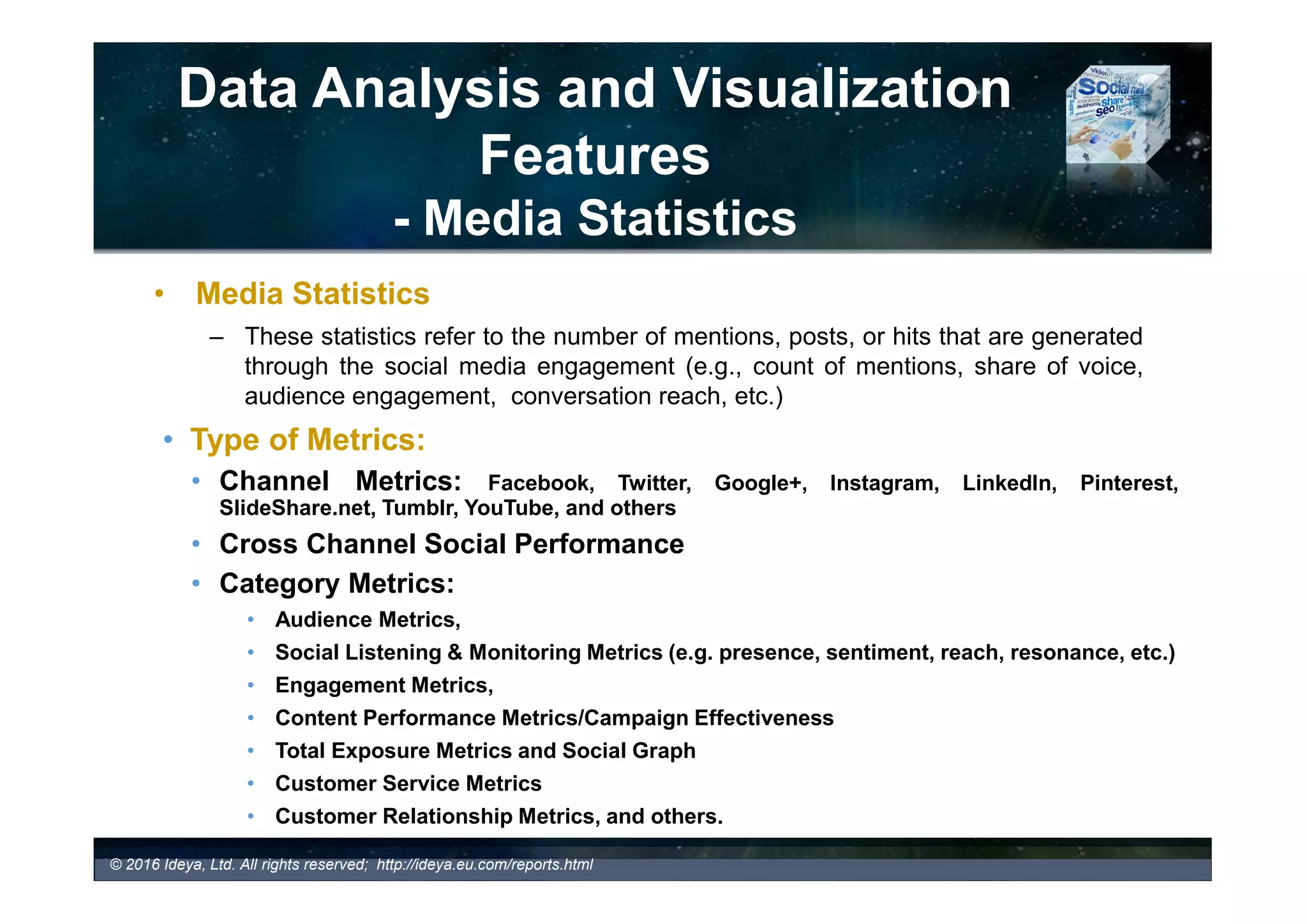 Key Data Management Features
TABLE 12. SMM Product Comparison Based on the Key Data Management
Features: Alerts, Data Export, API Integration, and Data Archiving – List of
SMM Tools and Services
(A Sample Out of 200 SMM Tools Profiles)
Source: Social Media Monitoring Tools and Services Report 2016
© 2017 Ideya, Ltd. All rights reserved; http://ideya.eu.com/reports.html
Product Alerts Data Export API Integration Data Archiving
 Buzzcapture Yes Yes Yes Yes
 YouScan Yes Yes Yes Yes
 