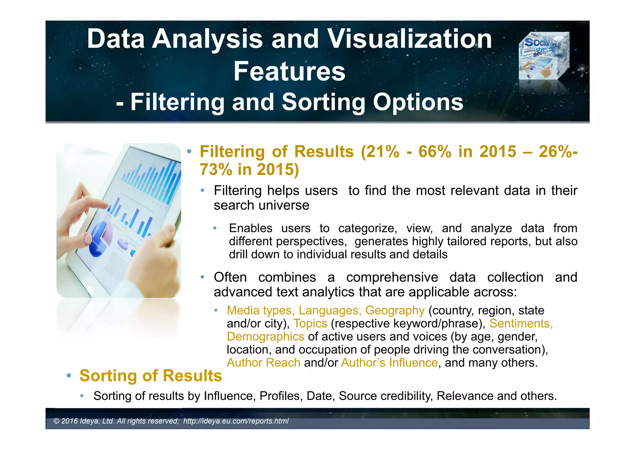 Data Analysis and Visualization
Features
- Media Statistics (examples)
Echobot Dashboard – Web Media Result Page
with Key Statistics and Charts
© 2017 Ideya, Ltd. All rights reserved; http://ideya.eu.com/reports.html
IWOMcooperator™
– Social Profile
 