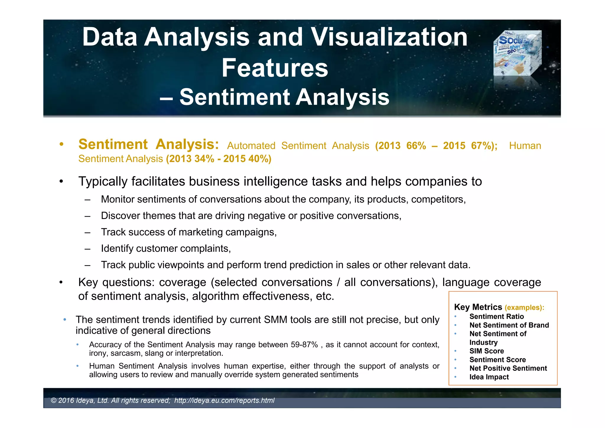 Data Analysis and Visualization
Features
– Filtering of Results (examples)
Opinion Tracker
- Filters and Semantic Analysis
© 2017 Ideya, Ltd. All rights reserved; http://ideya.eu.com/reports.html
Launchmetrics Dashboard: Monitoring Definition Scope
 