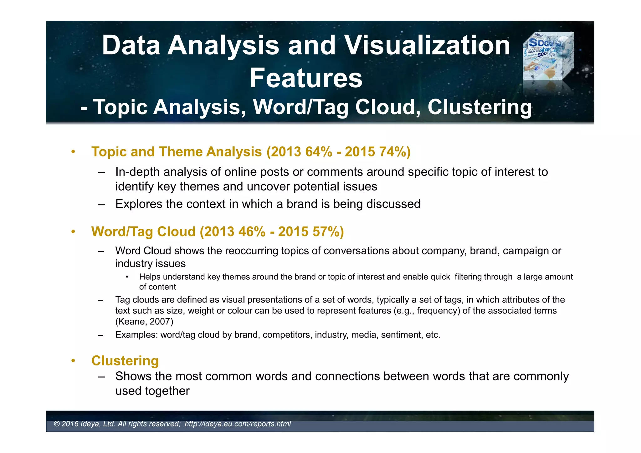 Data Analysis and Visualization
Features
- Viral Content Tracking & Analysis
• Viral Content Tracking and Analysis (2016 17% - 2015 16% )
– Focused on tracking and measuring the viral reach and impact of a specific story or a
message on the Social Web.
– Typically includes monitoring a reach of a specific brand and topics around the brand
by considering how many people read, post, link or share specific piece of content or
information. Some of the viral metrics include measures of spread, social velocity,
direction, amplitude, period (the duration of conversation), and others.
Talkwalker’s Virality Map – helps
users to identify amplifiers of a
specific story and understand how a
story breaks and spreads through
various media types, languages, or
countries.
 