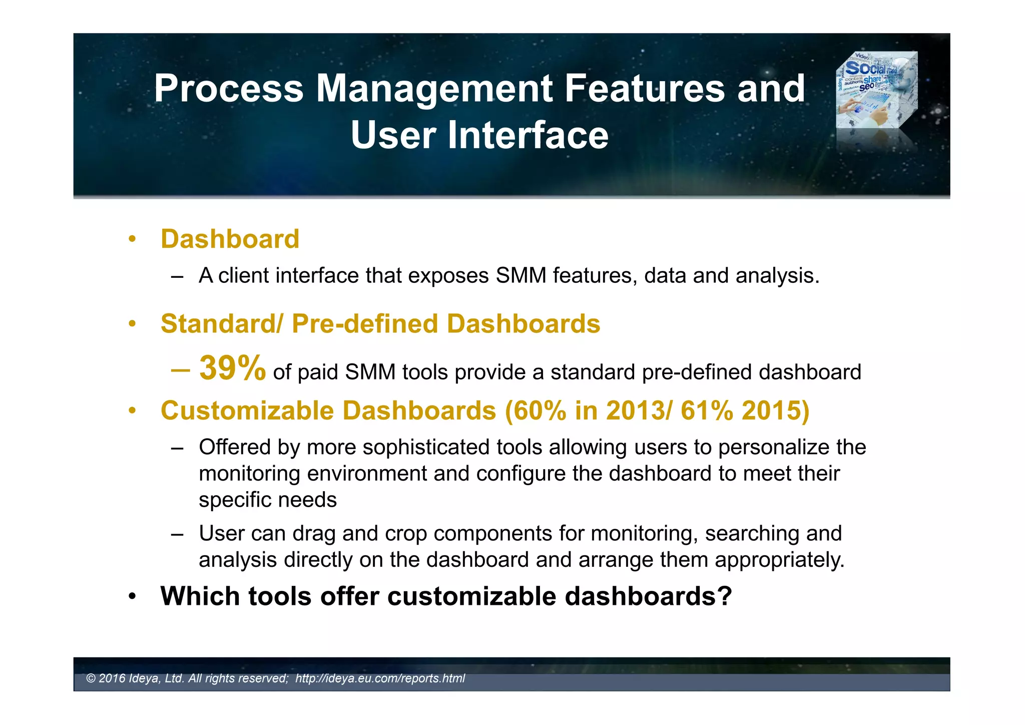 Data Analysis and Visualization
Features
- Campaign Monitoring and Measurement (example)
Talkwalker’s Preconfigured Use Case Dashboard -
Hashtag Campaigns Measuring the Volume,
Engagement and Reach of the Company's Campaigns
Sprinklr Dashboard Reporting - Campaign Insights
Providing Engagement (Likes, Comments, Shares) Over Time,
Engagement by Type, Engagement Trending by Media Type,
Share of Voice by Media Type, Message Scorecard
 