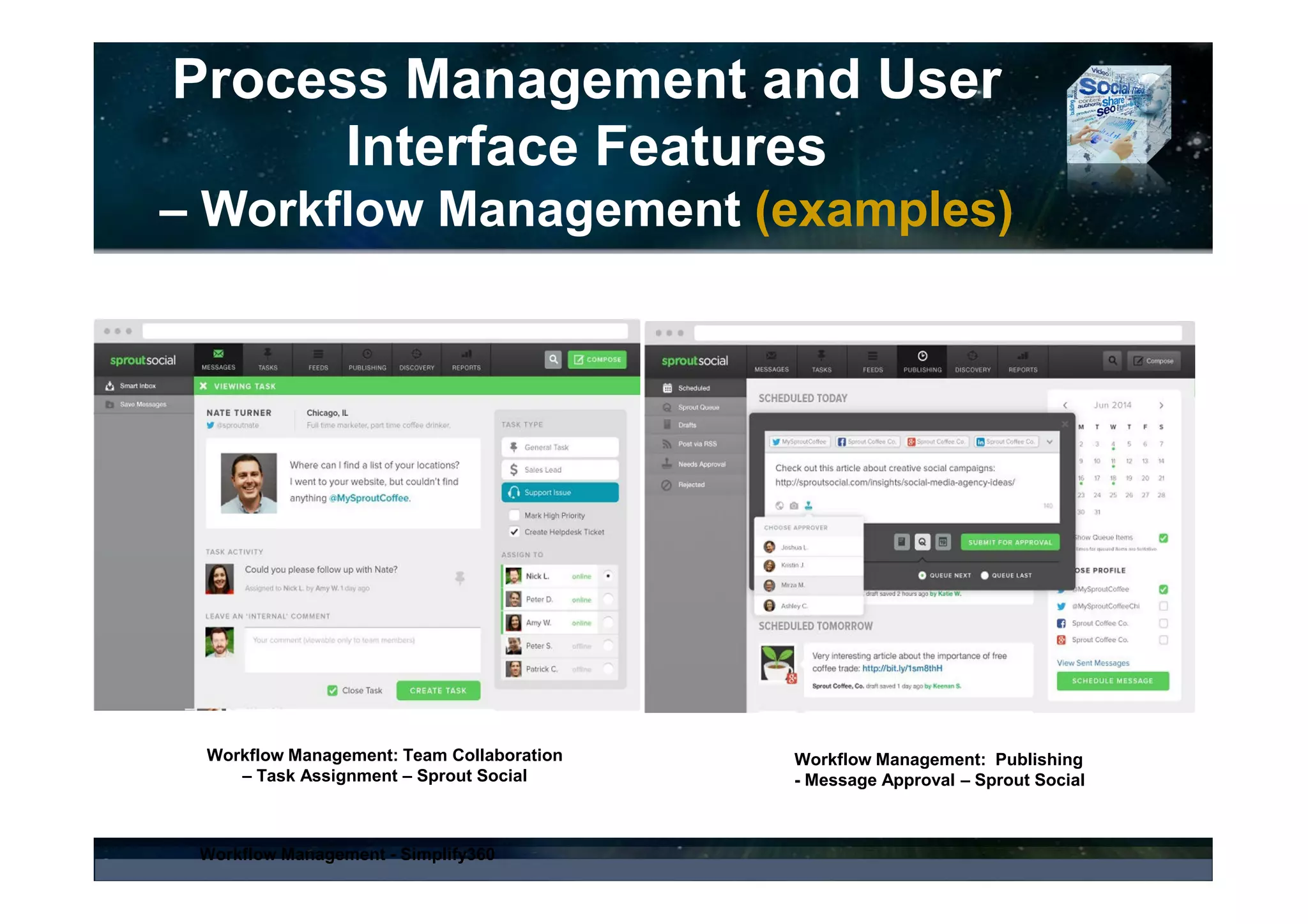 Process Management Features
and User Interface
– Customizable Dashboard (examples)
Coosto: Customizable Dashboards
Customizable Narrowcasting Dashboard for PR
Communication and Marketing
SentiOne Customizable Dashboard Allowing
Users to Select Widgets Based on Their Needs
(e.g., Trend Analysis by Source, Post Strength,
Gender Analysis, Gender Analysis Change, and
much more)
 
