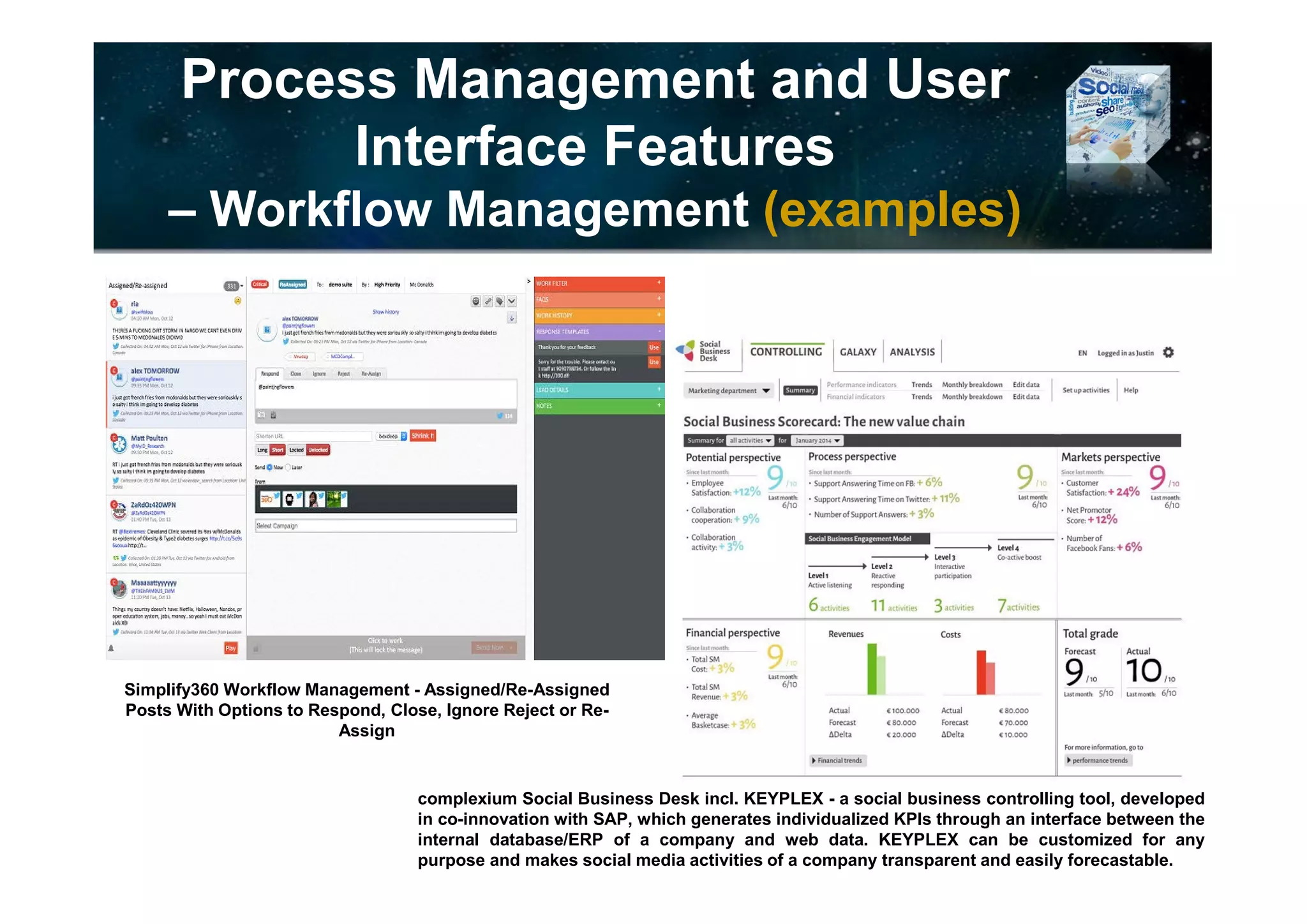 Process Management Features
and User Interface
– Customizable Dashboard (examples)
VICOs Flexible Social Media Monitoring Dashboard
 
