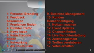 1. Personal Branding
2. Feedback
bekommen
3. Freelancer finden
4. Direkter Traffic
5. News lesen
6. Neue Freunde
finden
7. Networking
8. Als To-Do Liste
9. Business Management
10. Kunden
Benachrichtigung
11. Notizen machen
12. Event Updates
13. Chancen finden
14. Live Berichterstattung
15. Zeitmanagement
16. Treffen vereinbaren
17. Votes erhalten
docgoy Twitt.Erfolg Twitt-Erfolg.de
 