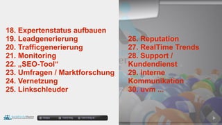 18. Expertenstatus aufbauen
19. Leadgenerierung
20. Trafficgenerierung
21. Monitoring
22. „SEO-Tool“
23. Umfragen / Marktforschung
24. Vernetzung
25. Linkschleuder
26. Reputation
27. RealTime Trends
28. Support /
Kundendienst
29. interne
Kommunikation
30. uvm ...
docgoy Twitt.Erfolg Twitt-Erfolg.de
 