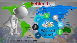 docgoy Twitt.Erfolg Twitt-Erfolg.de
Was soll
ich tun?
Bilder
Texte
Inhalte
Technik
Ablenkung
Spiele
Ziel
Richtung
Zielgruppe
ROI
Internetrecht
Spam
Trolle
Kommentare
Privatsphäre
Fit for
Mobile?
Fehler 1:
 