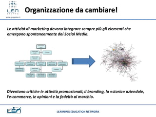 Organizzazione da cambiare!
www.gruppolen.it




 Le attività di marketing devono integrare sempre più gli elementi che
 emergono spontaneamente dai Social Media.




 Diventano critiche le attività promozionali, il branding, la «storia» aziendale,
 l’e-commerce, le opinioni e la fedeltà al marchio.


                              LEARNING EDUCATION NETWORK
 
