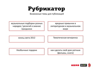 Рубрикатор
                Возможные темы для публикаций



музыкальные подборки разных          вредные привычки в
 народов / религий в зимние      литературном и музыкальном
         праздники                          мире


      конец света 2012             Тематическая вечеринка




    Необычные подарки            как сделать свой дом уютным
                                        (фильмы, книги)
 
