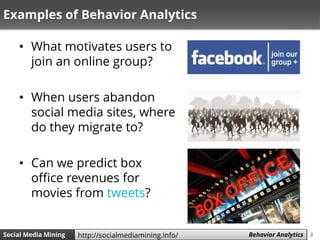 3Social Media Mining Measures and Metrics 3Social Media Mining Behavior Analyticshttp://socialmediamining.info/
Examples o...