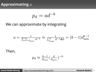 11Social Media Mining Measures and Metrics 11Social Media Mining Network Modelshttp://socialmediamining.info/
Approximating 𝑎
We can approximate by integrating
Then,
 