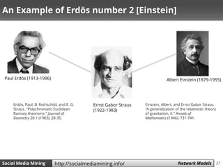 27Social Media Mining Measures and Metrics 27Social Media Mining Network Modelshttp://socialmediamining.info/
An Example of Erdös number 2 [Einstein]
Einstein, Albert, and Ernst Gabor Straus.
"A generalization of the relativistic theory
of gravitation, II." Annals of
Mathematics (1946): 731-741.
Ernst Gabor Straus
(1922-1983)
Paul Erdös (1913-1996) Albert Einstein (1879-1955)
Erdös, Paul, B. Rothschild, and E. G.
Straus. "Polychromatic Euclidean
Ramsey theorems." Journal of
Geometry 20.1 (1983): 28-35.
 