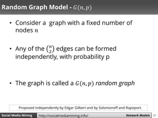 35Social Media Mining Measures and Metrics 35Social Media Mining Network Modelshttp://socialmediamining.info/
Random Graph Model - 𝐺(𝑛, 𝑝)
• Consider a graph with a fixed number of
nodes 𝑛
• Any of the 𝑛
2
edges can be formed
independently, with probability p
• The graph is called a 𝐺(𝑛, 𝑝) random graph
Proposed independently by Edgar Gilbert and by Solomonoff and Rapoport.
 