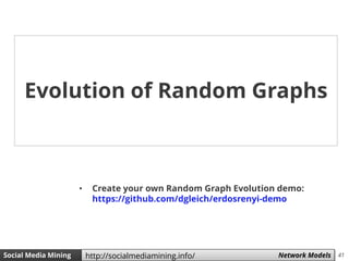 41Social Media Mining Measures and Metrics 41Social Media Mining Network Modelshttp://socialmediamining.info/
• Create your own Random Graph Evolution demo:
https://github.com/dgleich/erdosrenyi-demo
Evolution of Random Graphs
 