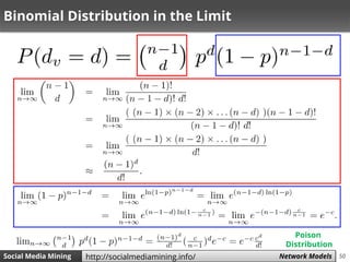 50Social Media Mining Measures and Metrics 50Social Media Mining Network Modelshttp://socialmediamining.info/
Binomial Distribution in the Limit
Poison
Distribution
 