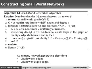 62Social Media Mining Measures and Metrics 62Social Media Mining Network Modelshttp://socialmediamining.info/
Constructing Small World Networks
As in many network generating algorithms
• Disallow self-edges
• Disallow multiple edges
 