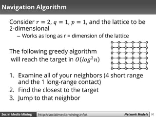 90Social Media Mining Measures and Metrics 90Social Media Mining Network Modelshttp://socialmediamining.info/
Navigation Algorithm
Consider 𝑟 = 2, 𝑞 = 1, 𝑝 = 1, and the lattice to be
2-dimensional
– Works as long as r = dimension of the lattice
The following greedy algorithm
will reach the target in 𝑂 𝑙𝑜𝑔2 𝑛
1. Examine all of your neighbors (4 short range
and the 1 long-range contact)
2. Find the closest to the target
3. Jump to that neighbor
 