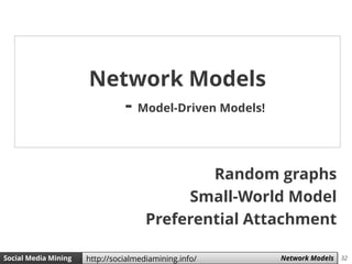 32Social Media Mining Measures and Metrics 32Social Media Mining Network Modelshttp://socialmediamining.info/
Random graph...
