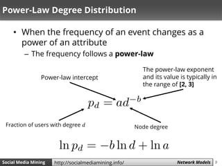 9Social Media Mining Measures and Metrics 9Social Media Mining Network Modelshttp://socialmediamining.info/
Power-Law Degree Distribution
• When the frequency of an event changes as a
power of an attribute
– The frequency follows a power-law
Power-law intercept
Node degreeFraction of users with degree 𝑑
The power-law exponent
and its value is typically in
the range of [2, 3]
 