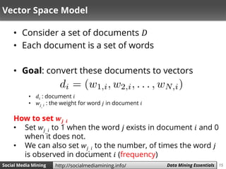 15Social Media Mining Measures and Metrics 15Social Media Mining Data Mining Essentialshttp://socialmediamining.info/
Vector Space Model
• Consider a set of documents 𝐷
• Each document is a set of words
• Goal: convert these documents to vectors
How to set 𝒘𝒋, 𝒊
• Set 𝑤𝑗, 𝑖 to 1 when the word 𝑗 exists in document 𝑖 and 0
when it does not.
• We can also set 𝑤𝑗, 𝑖 to the number, of times the word 𝑗
is observed in document 𝑖 (frequency)
• 𝑑𝑖 : document 𝑖
• 𝑤𝑗, 𝑖 : the weight for word 𝑗 in document 𝑖
 