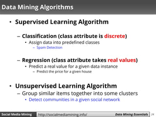 24Social Media Mining Measures and Metrics 24Social Media Mining Data Mining Essentialshttp://socialmediamining.info/
Data Mining Algorithms
• Supervised Learning Algorithm
– Classification (class attribute is discrete)
• Assign data into predefined classes
– Spam Detection
– Regression (class attribute takes real values)
• Predict a real value for a given data instance
– Predict the price for a given house
• Unsupervised Learning Algorithm
– Group similar items together into some clusters
• Detect communities in a given social network
 