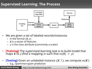 26Social Media Mining Measures and Metrics 26Social Media Mining Data Mining Essentialshttp://socialmediamining.info/
Supervised Learning: The Process
• We are given a set of labeled records/instances
– In the format (𝑿, 𝑦)
– 𝑿 is a vector of features
– 𝑦 is the class attribute (commonly a scalar)
• [Training] The supervised learning task is to build model that
maps 𝑿 to 𝑦 (find a mapping 𝑚 such that 𝑚(𝑿) = 𝑦)
• [Testing] Given an unlabeled instance (𝑿’, ? ), we compute 𝑚(𝑿’)
– E.g., spam/non-spam prediction
 