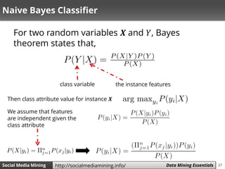 37Social Media Mining Measures and Metrics 37Social Media Mining Data Mining Essentialshttp://socialmediamining.info/
Naive Bayes Classifier
For two random variables 𝑿 and 𝑌, Bayes
theorem states that,
class variable the instance features
Then class attribute value for instance 𝑿
We assume that features
are independent given the
class attribute
 