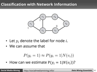 46Social Media Mining Measures and Metrics 46Social Media Mining Data Mining Essentialshttp://socialmediamining.info/
Classification with Network Information
• Let 𝑦𝑖 denote the label for node 𝑖.
• We can assume that
• How can we estimate P(𝑦𝑖 = 1|𝑁 𝑣𝑖 )?
 