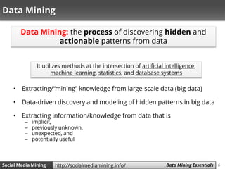 6Social Media Mining Measures and Metrics 6Social Media Mining Data Mining Essentialshttp://socialmediamining.info/
Data Mining
• Extracting/“mining” knowledge from large-scale data (big data)
• Data-driven discovery and modeling of hidden patterns in big data
• Extracting information/knowledge from data that is
– implicit,
– previously unknown,
– unexpected, and
– potentially useful
Data Mining: the process of discovering hidden and
actionable patterns from data
It utilizes methods at the intersection of artificial intelligence,
machine learning, statistics, and database systems
 