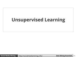 63Social Media Mining Measures and Metrics 63Social Media Mining Data Mining Essentialshttp://socialmediamining.info/
Unsupervised Learning
 